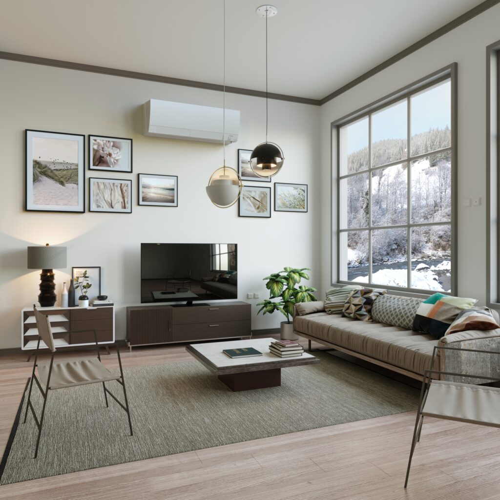 Modern living room with a ductless HVAC head unit on the wall above the TV with winter weather outside of the window