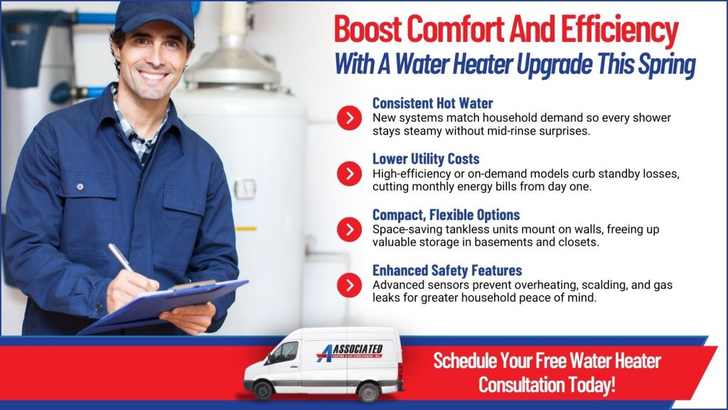 This is an image of an HVAC technician with a clipboard standing in front of a new hot water heater. The headline reads boost, comfort and efficiency with a water heater upgrade this spring.