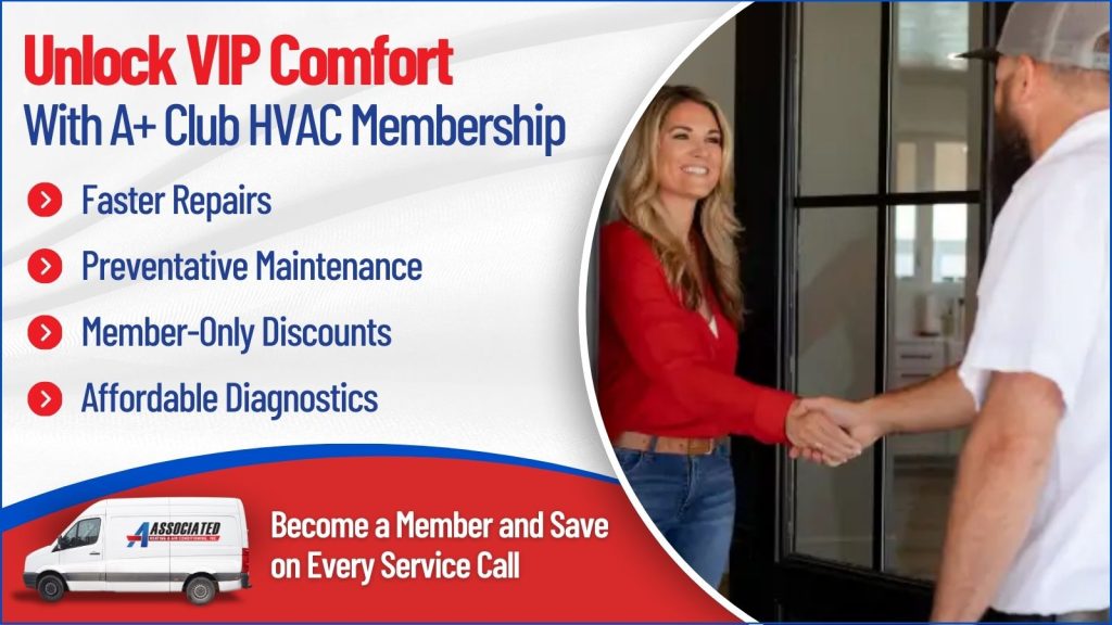 This is an image of a associated heating and air HVAC representative shaking the hands of the homeowner. The headline reads unlock VIP comfort with a plus club HVAC membership.
