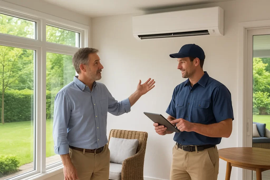 Image of an HVAC technician in a homeowner looking at a new ductless HVAC system
