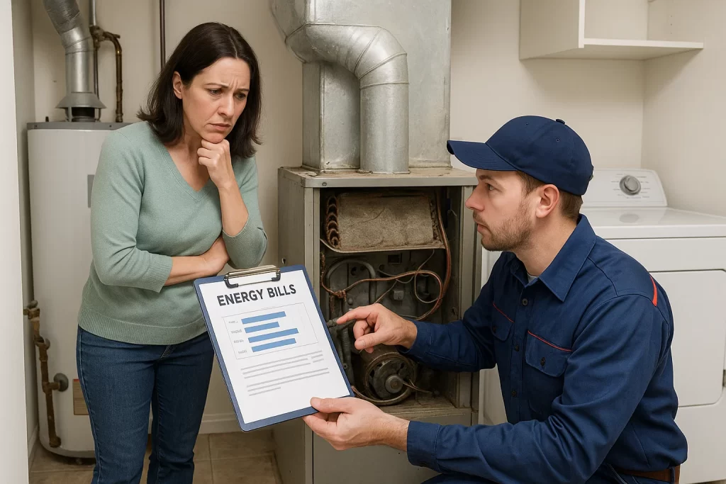 Homeowner learning about inefficiency and lifespan from technician by old AC unit