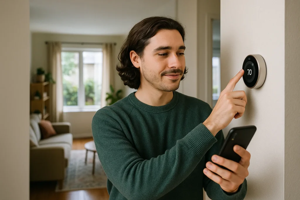 Oregon homeowner adjusting smart thermostat using wall unit and mobile app