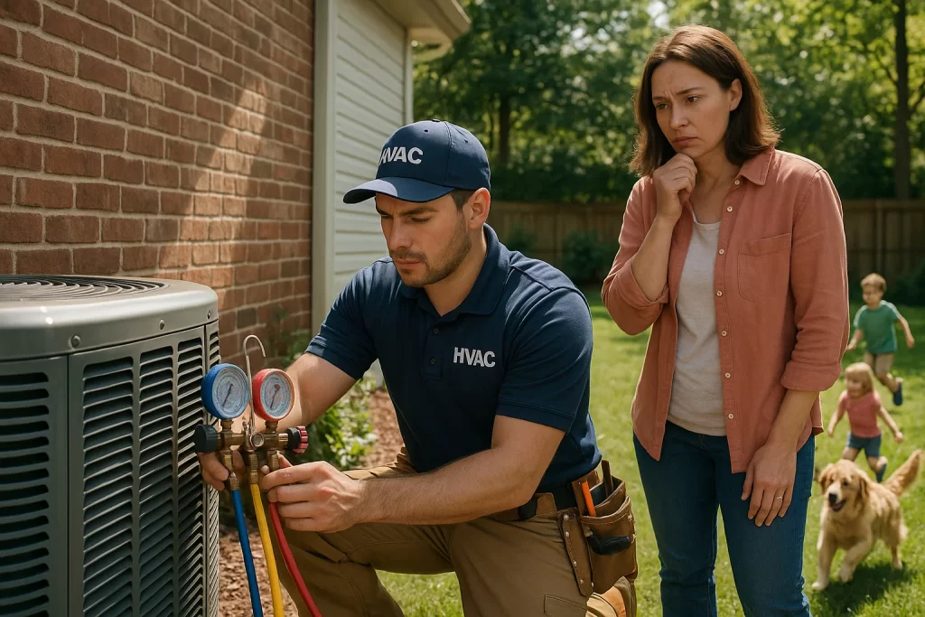 HVAC technician connecting manifold gauges to an outdoor AC unit while a homeowner watches attentively.