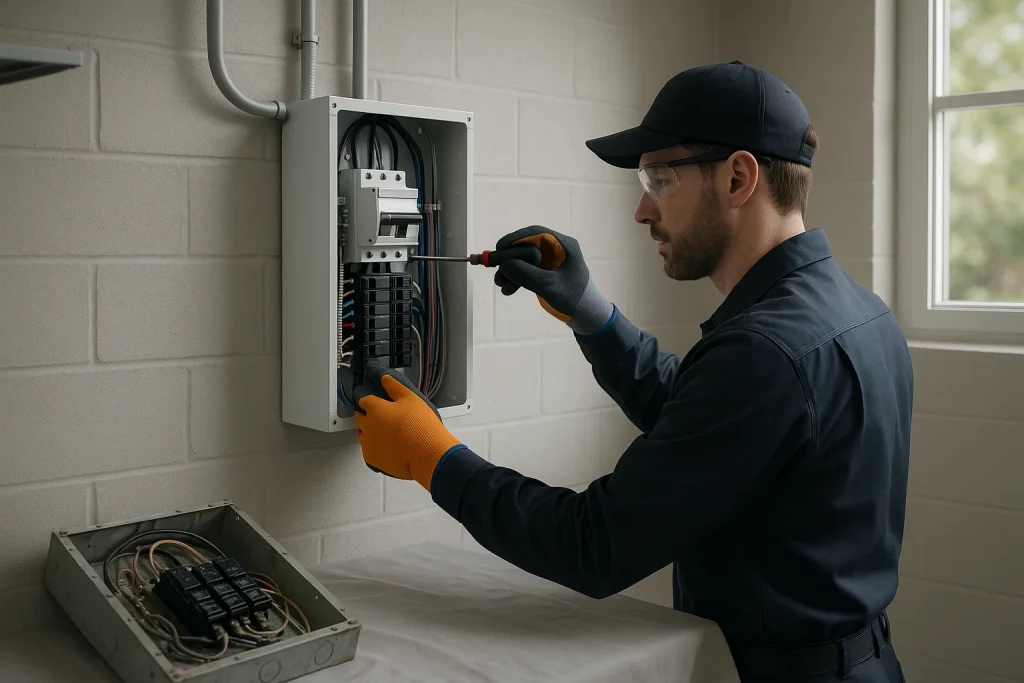 Electrician installs modern electrical panel during residential upgrade