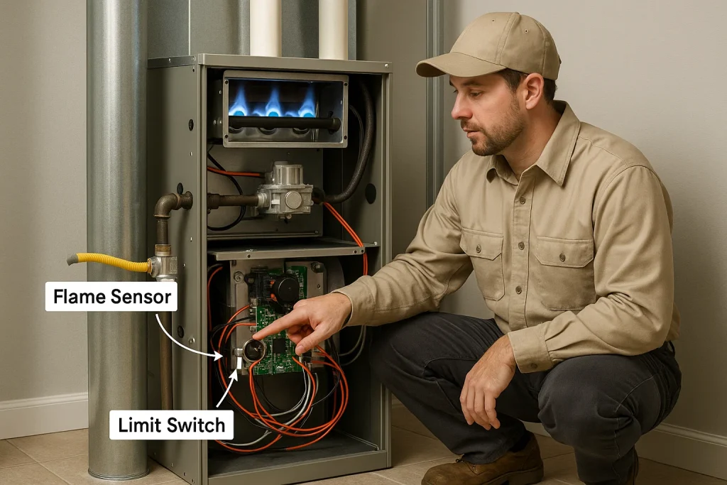 technician pointing to flame sensor and limit switch on modern gas furnace control board
