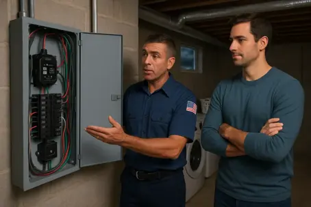 tech and customer looking at an electrical panel