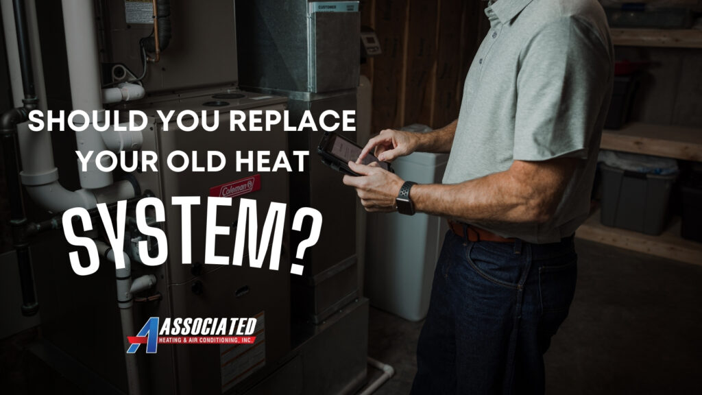Technician inspecting a heating system with text asking about old heater replacement options.