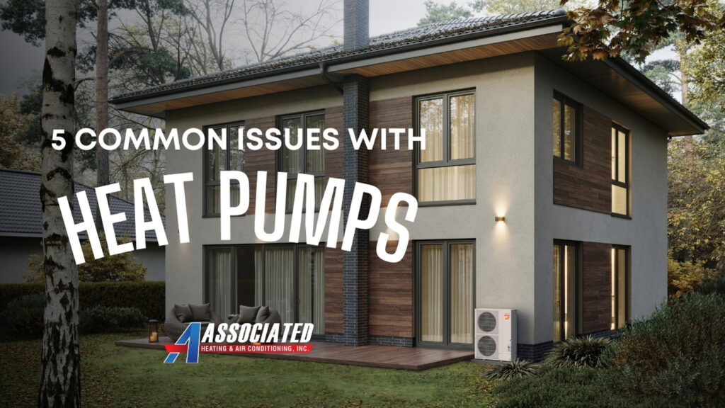 Modern two-story home with outdoor heat pump unit and text overlay about heat pump maintenance and repair issues.
