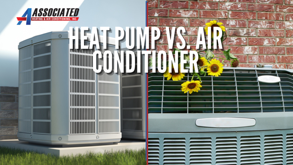Side-by-side comparison of heat pump and air conditioner HVAC units with branding from Associated Heating & Air Conditioning.
